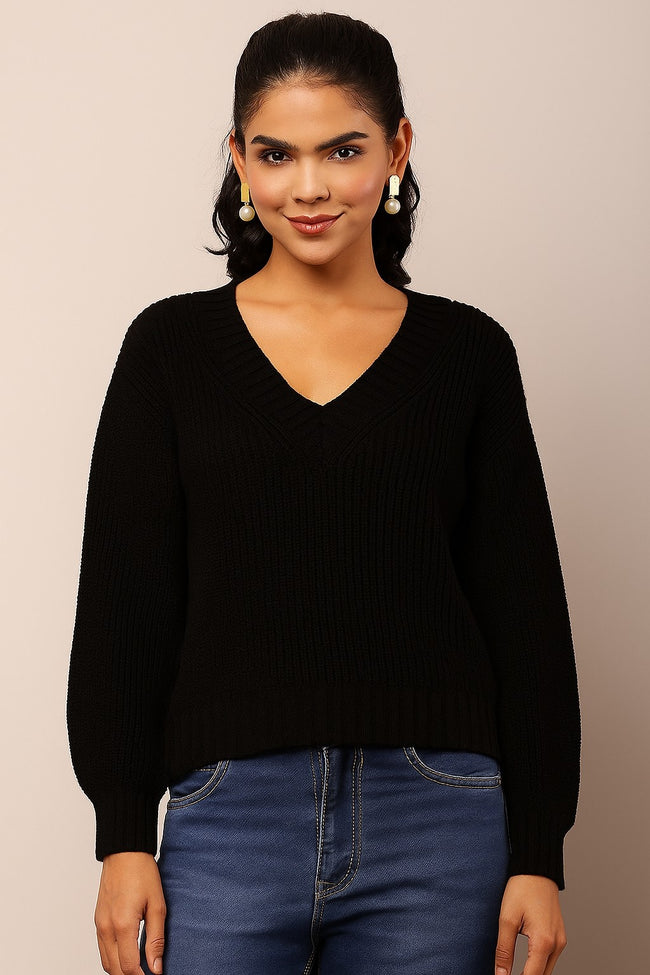 Women Black Full Sleeve Knitted Sweater
