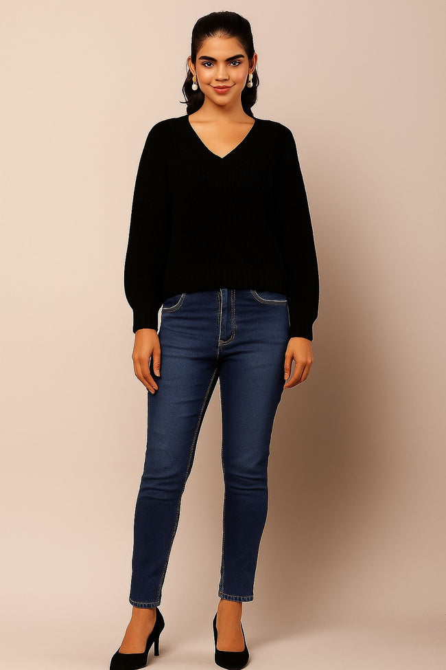 Women Black Full Sleeve Knitted Sweater