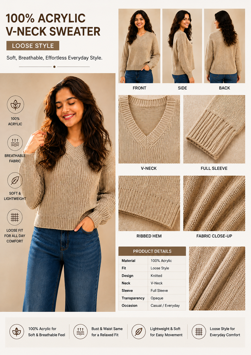 Women Brown Acrylic Sweater