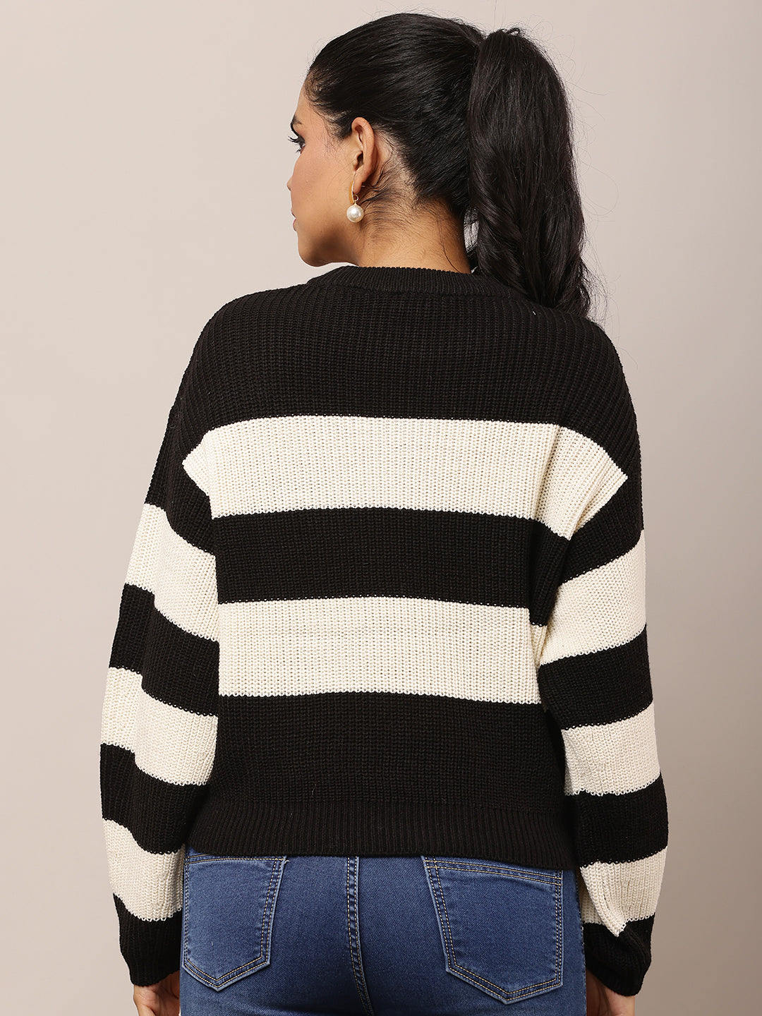Women Black Striped Baggy Sweater