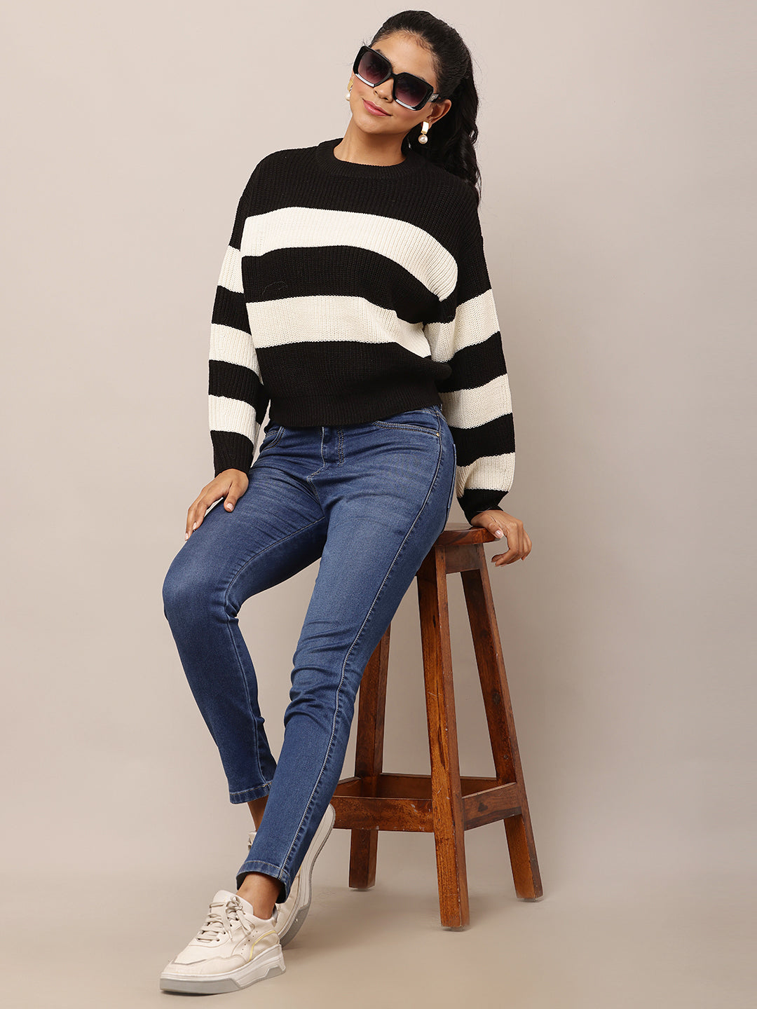 Women Black Striped Baggy Sweater