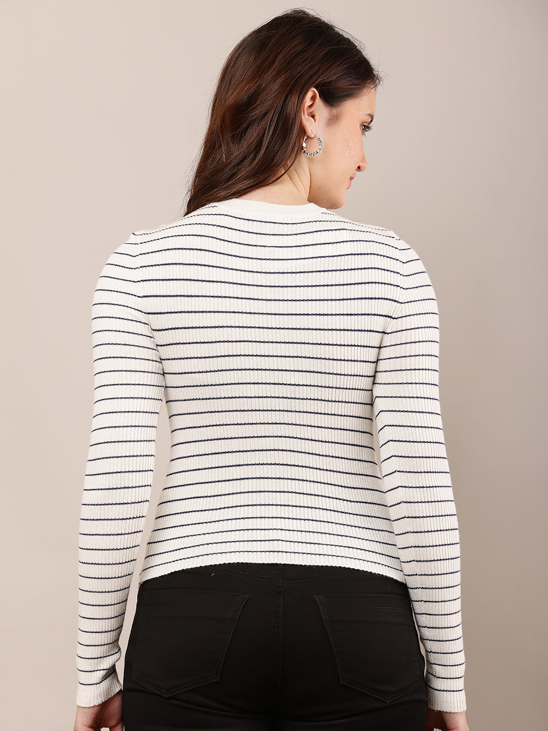 Women Off-White Striped Round Neck Sweater