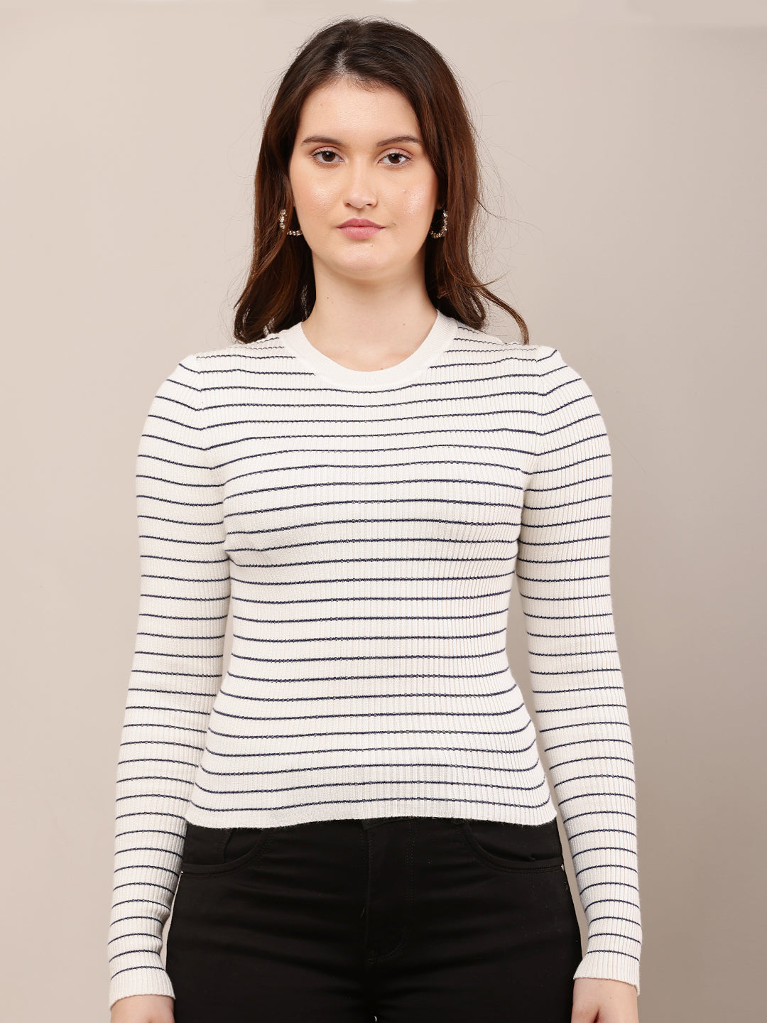 Women Off-White Striped Round Neck Sweater