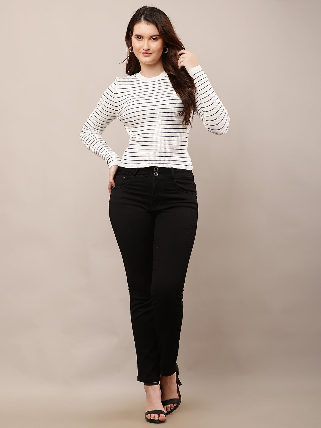 Women Off-White Striped Round Neck Sweater