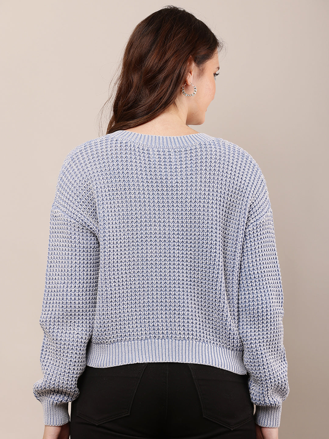 Women Blue V-Neck Baggy Knitted Sweater