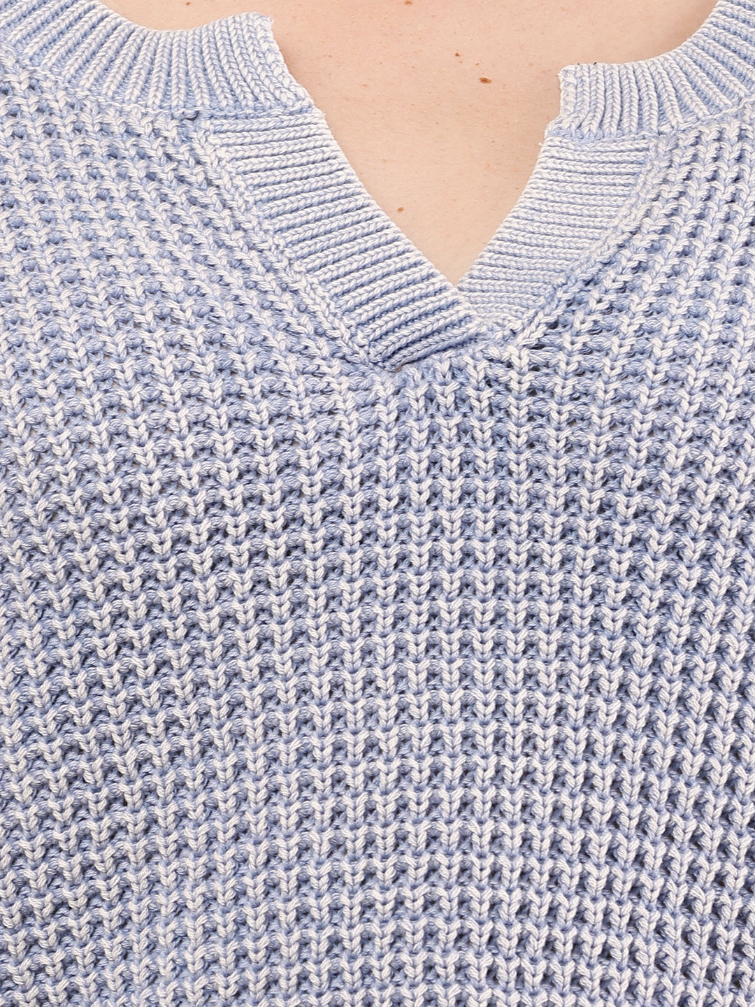 Women Blue V-Neck Baggy Knitted Sweater