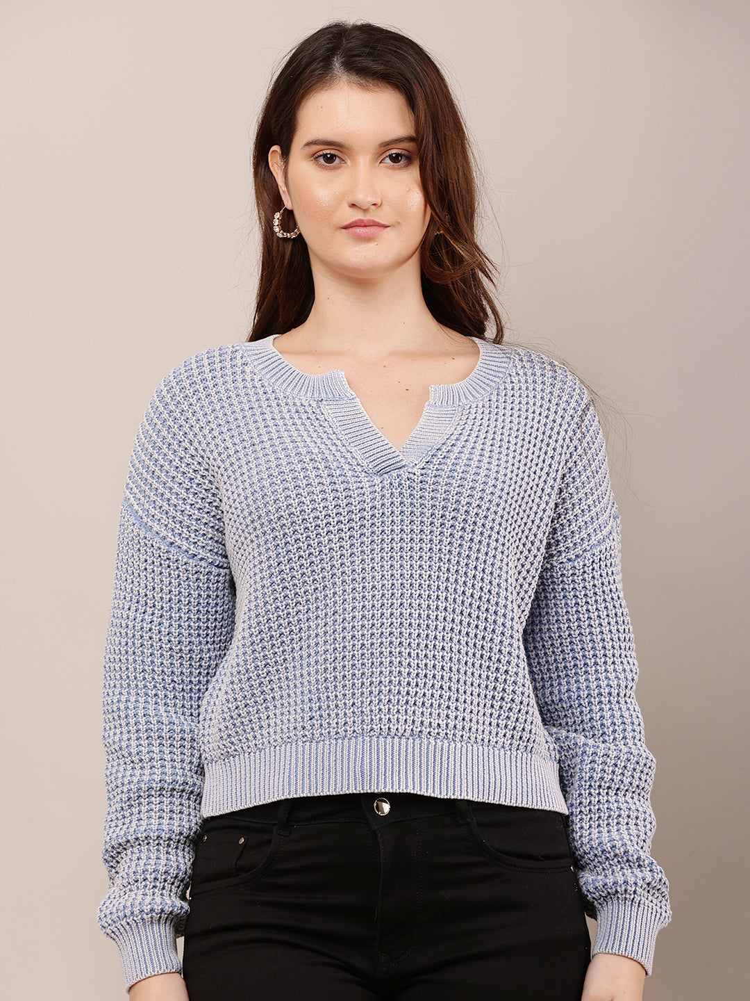 Women Blue V-Neck Baggy Knitted Sweater