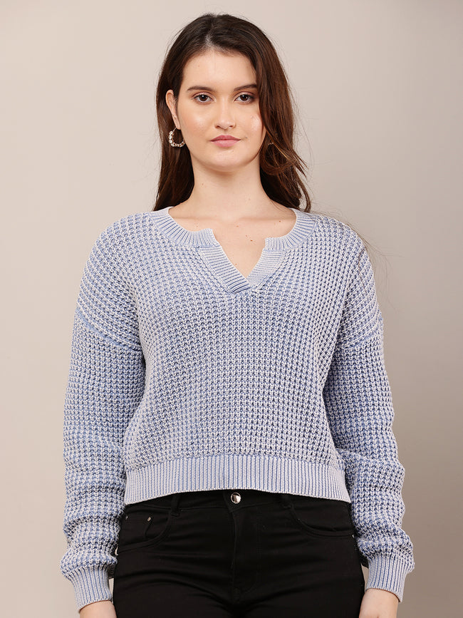 Women Blue V-Neck Baggy Knitted Sweater