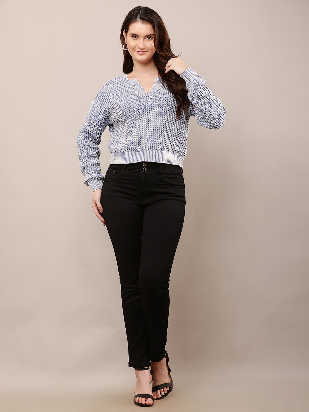 Women Blue V-Neck Baggy Knitted Sweater