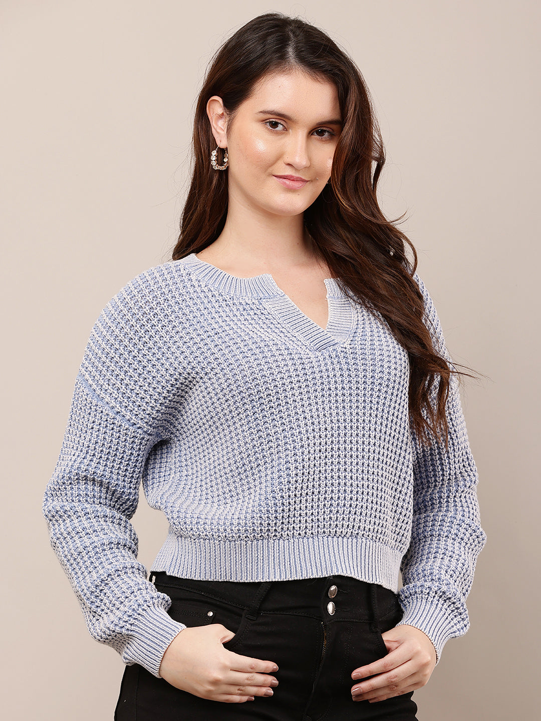 Women Blue V-Neck Baggy Knitted Sweater