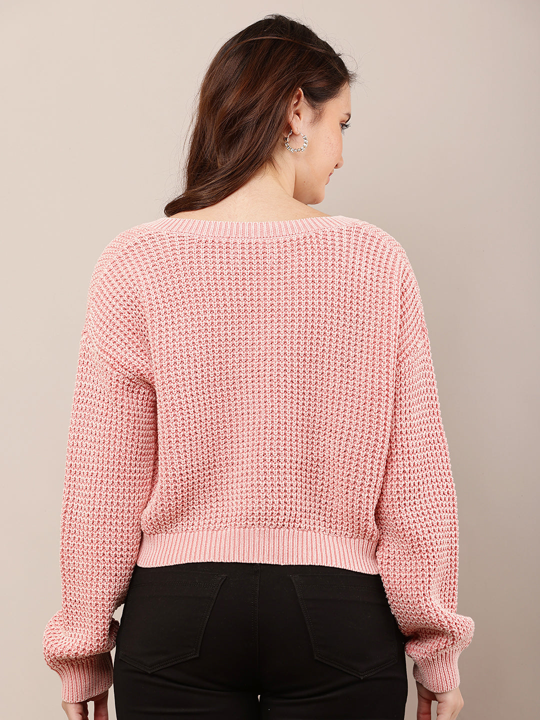 Women Pink V-Neck Baggy Knitted Sweater