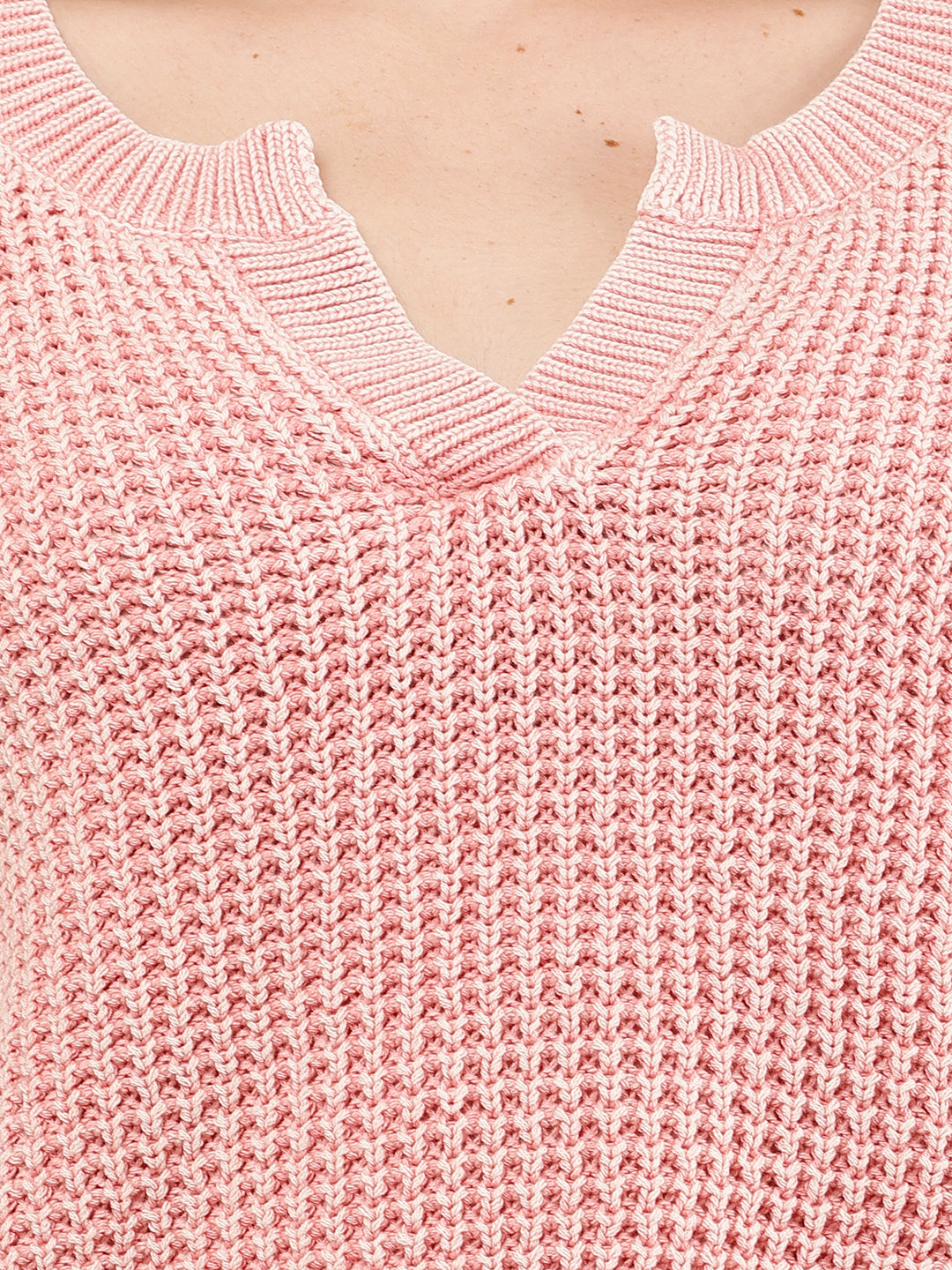 Women Pink V-Neck Baggy Knitted Sweater