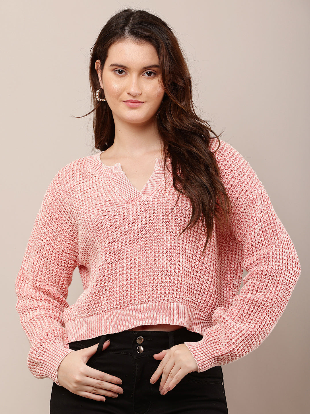 Women Pink V-Neck Baggy Knitted Sweater