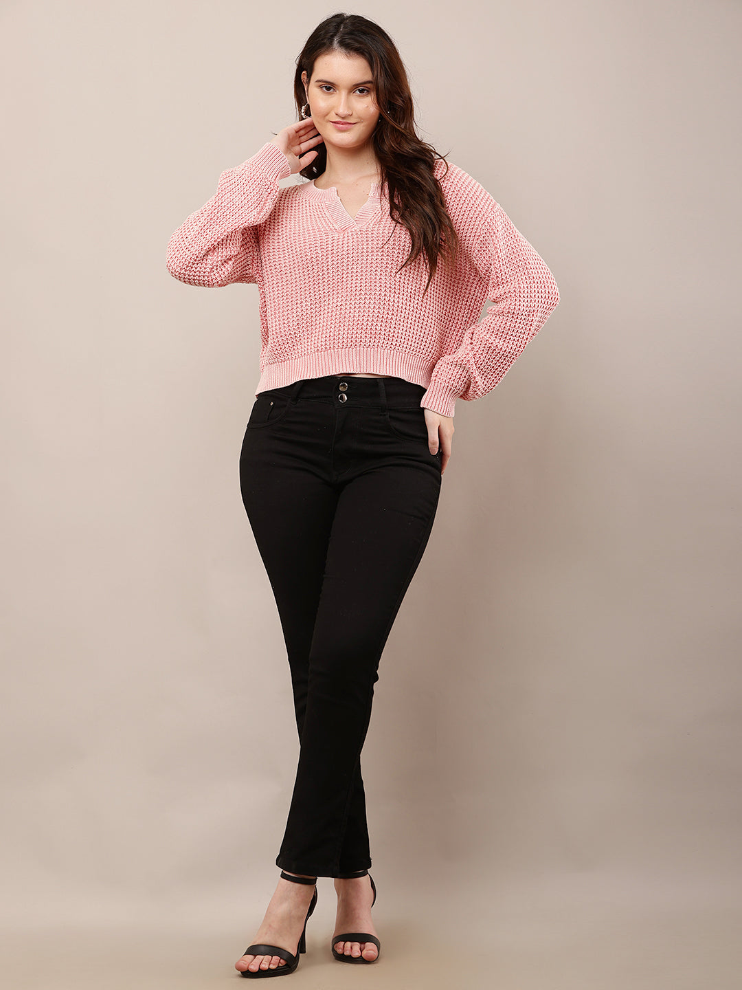 Women Pink V-Neck Baggy Knitted Sweater