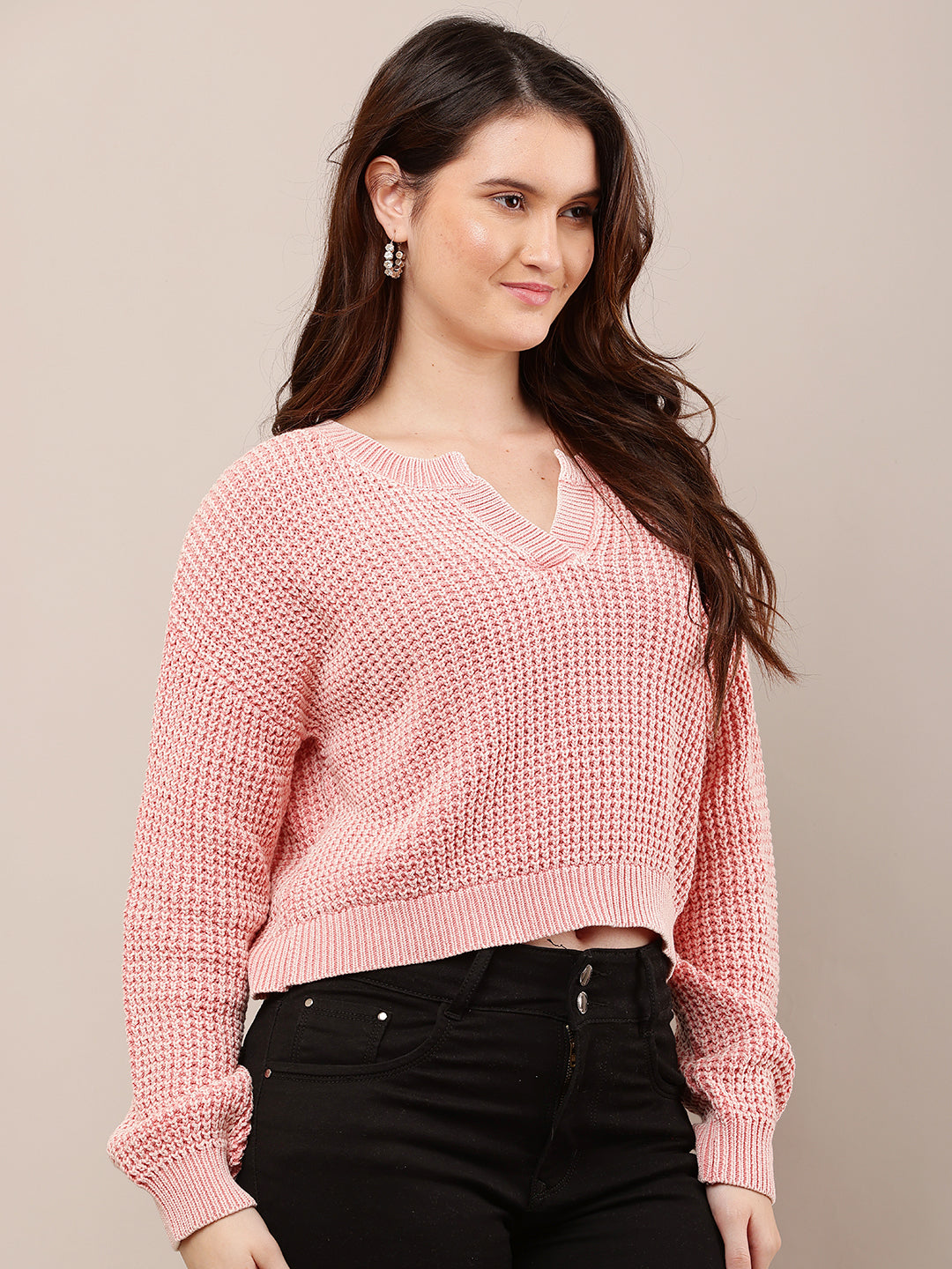 Women Pink V-Neck Baggy Knitted Sweater