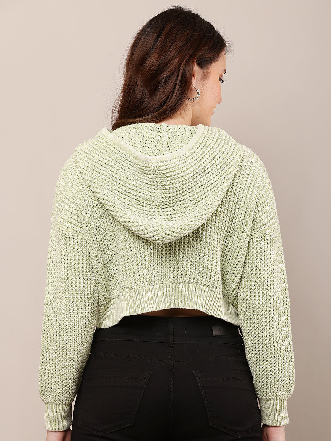 Women Green Hooded Knitted Crop Sweatshirt