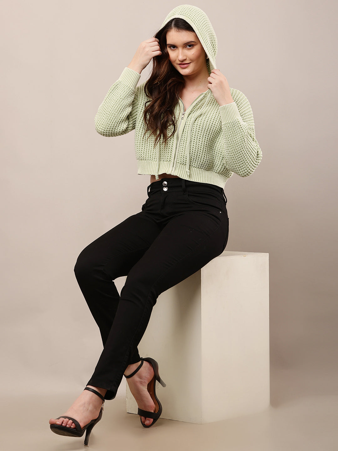Women Green Hooded Knitted Crop Sweatshirt