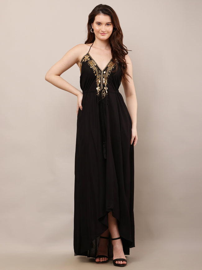 Women Black Maxi Dress with V-Neck Detail