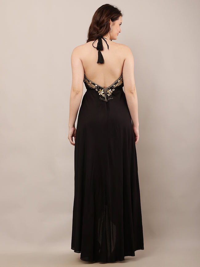 Women Black Maxi Dress with V-Neck Detail