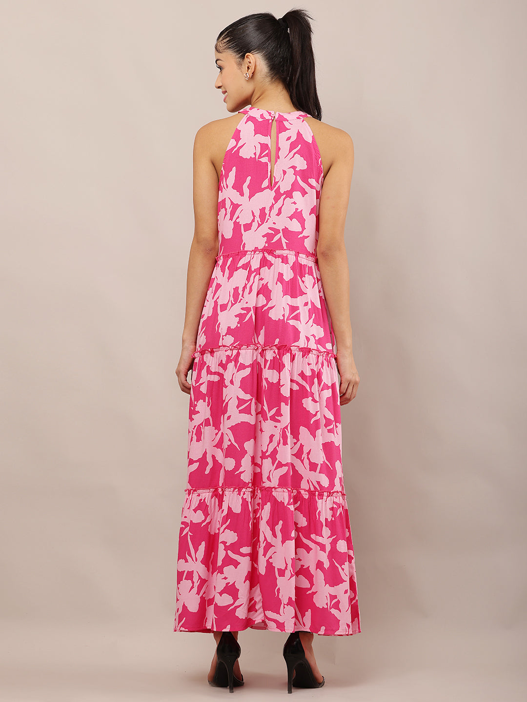 Women Pink Floral Halter Neck Maxi Dress