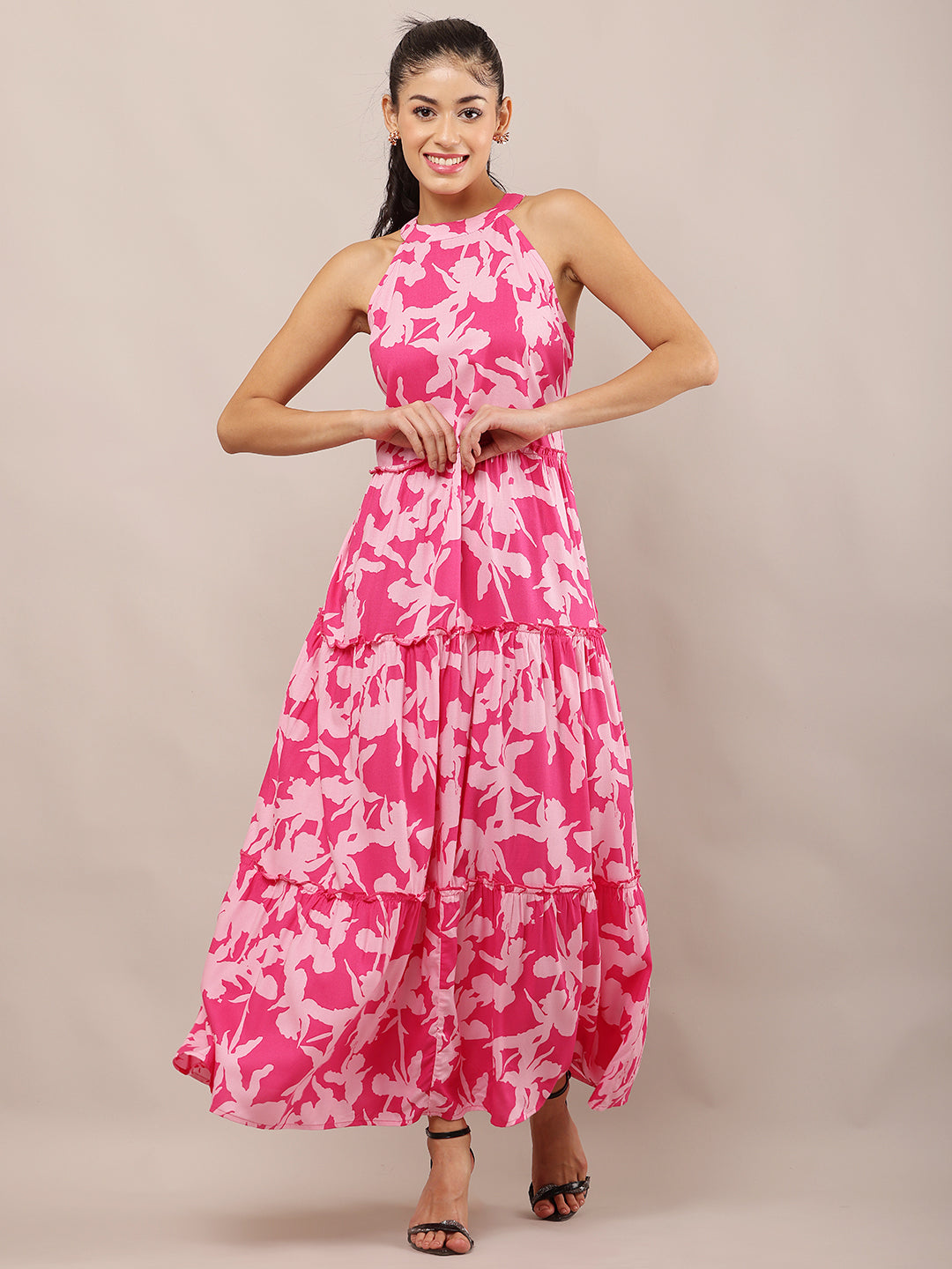 Women Pink Floral Halter Neck Maxi Dress