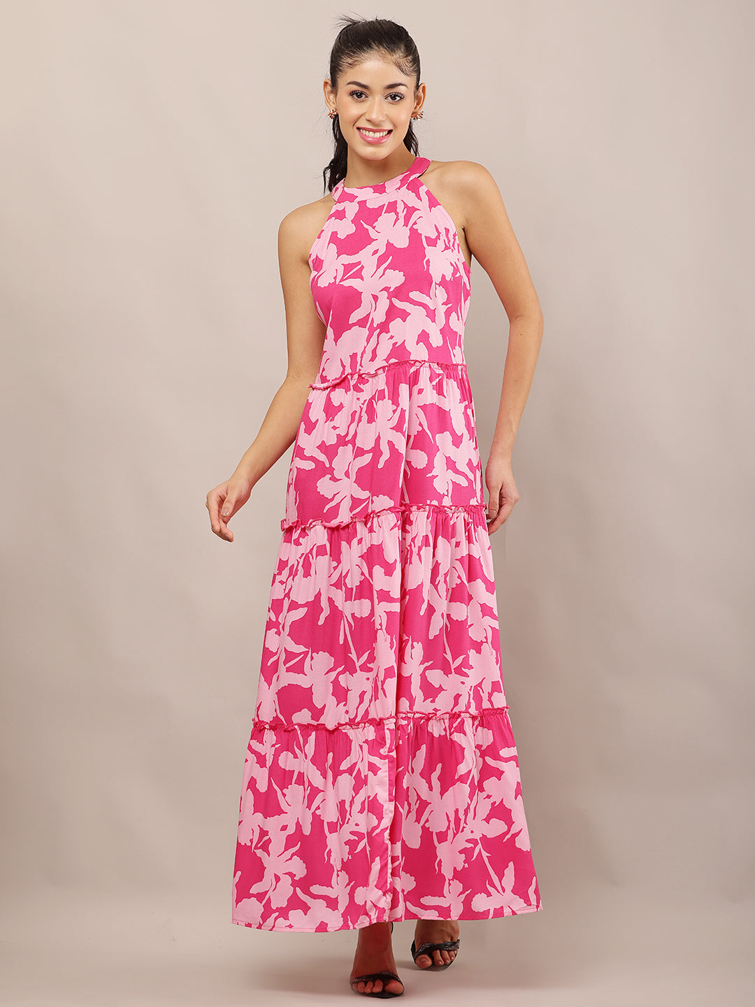 Women Pink Floral Halter Neck Maxi Dress