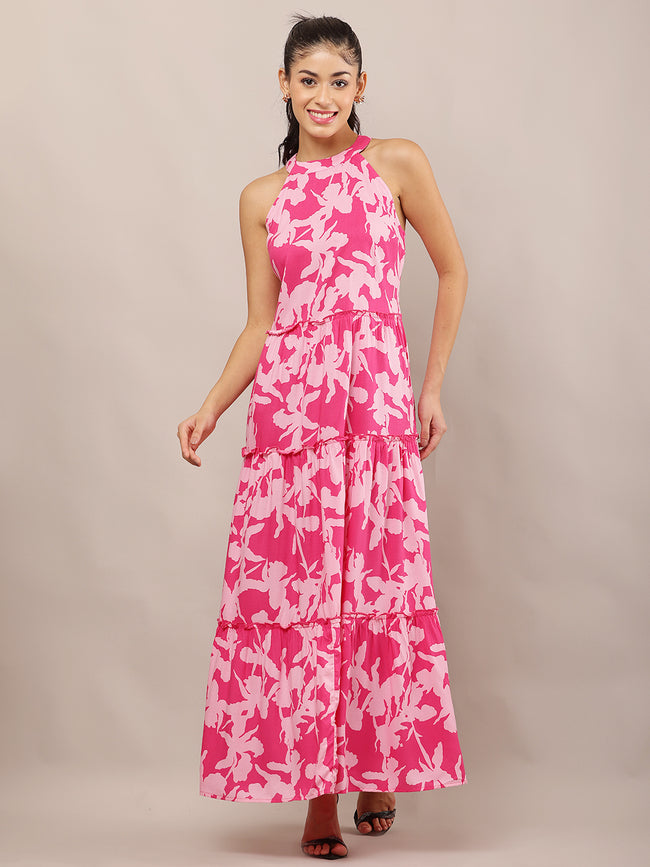 Women Pink Floral Halter Neck Maxi Dress