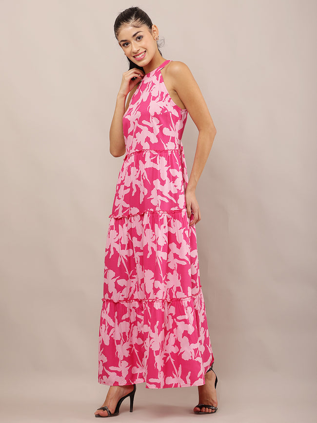 Women Pink Floral Halter Neck Maxi Dress