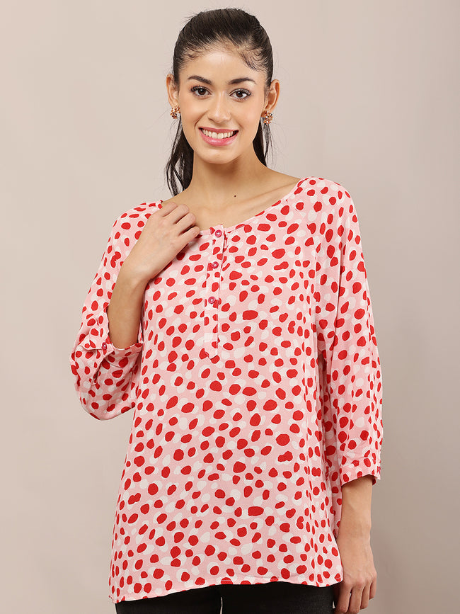 Women Pink Polka Dot Viscose Top