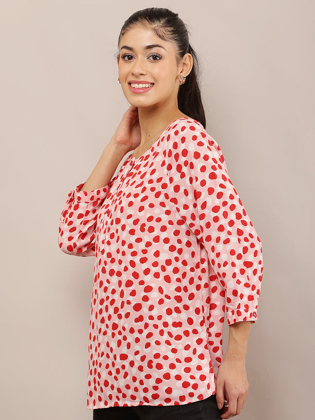 Women Pink Polka Dot Viscose Top