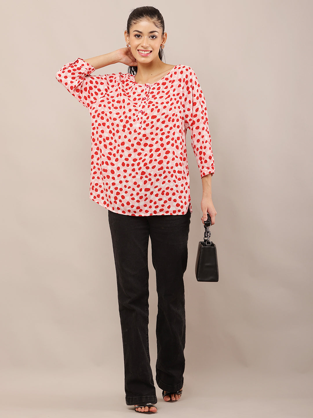 Women Pink Polka Dot Viscose Top