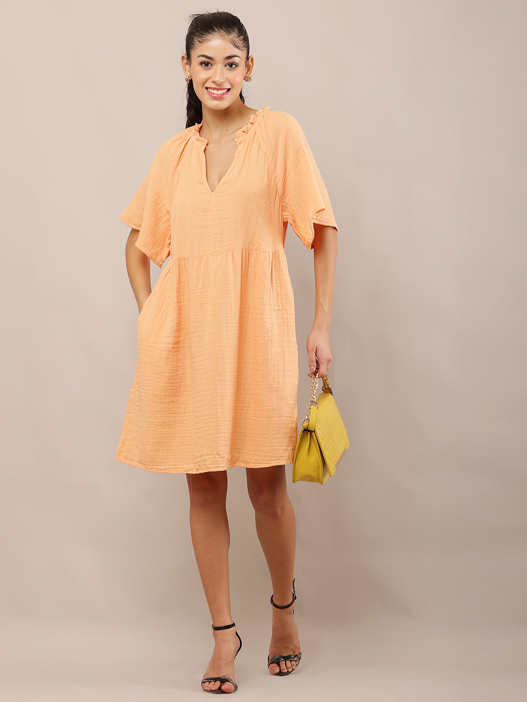 Women Light Orange A-Line Cotton Ruffle Neck Dress