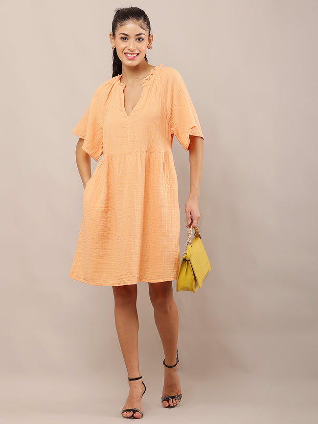 Women Light Orange A-Line Cotton Ruffle Neck Dress