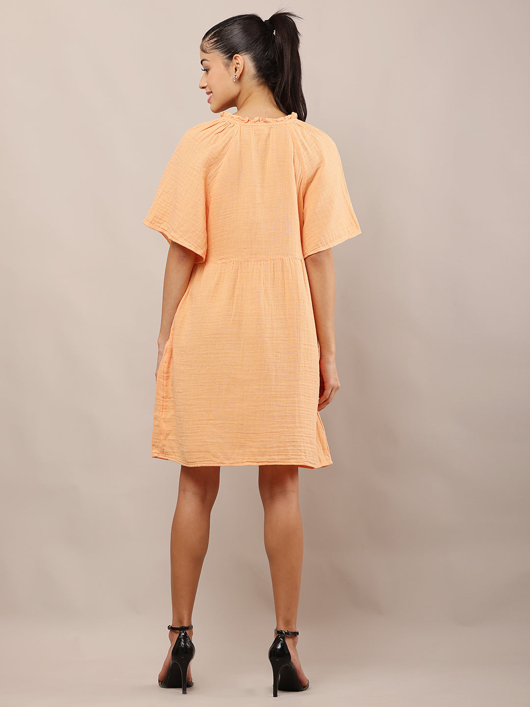 Women Light Orange A-Line Cotton Ruffle Neck Dress