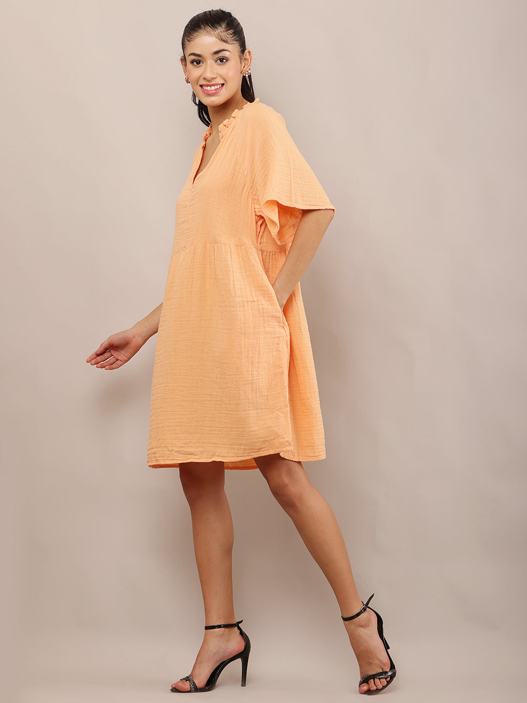 Women Light Orange A-Line Cotton Ruffle Neck Dress