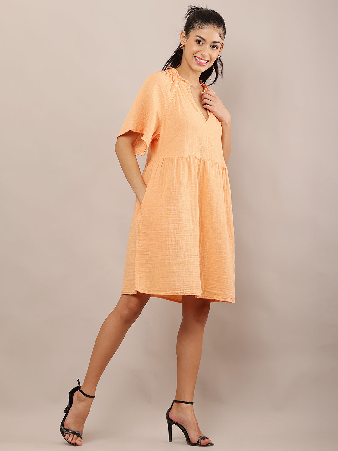 Women Light Orange A-Line Cotton Ruffle Neck Dress