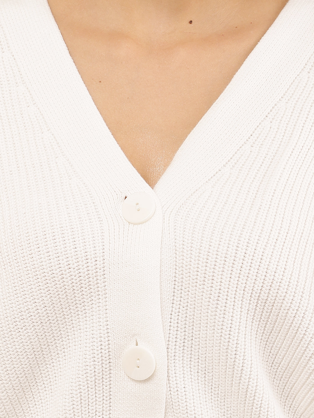 Women White V-Neck Knit Cardigan with Sleeves