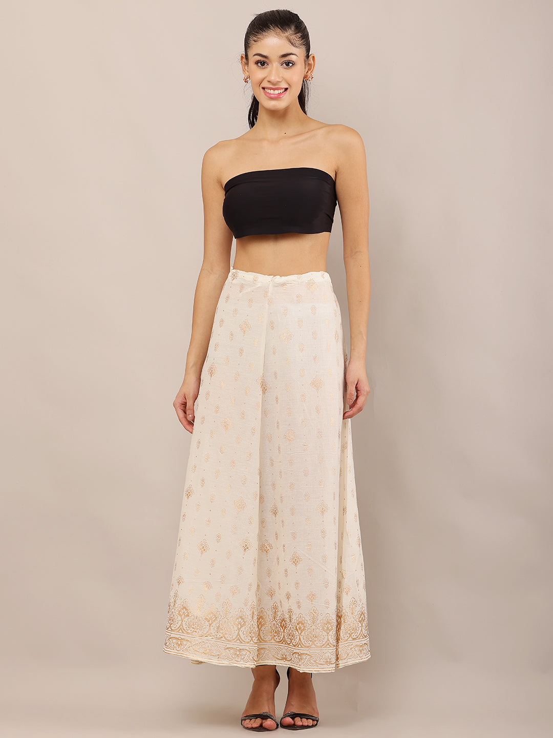 Women Cream Foil Printed Cotton Flared Skirt