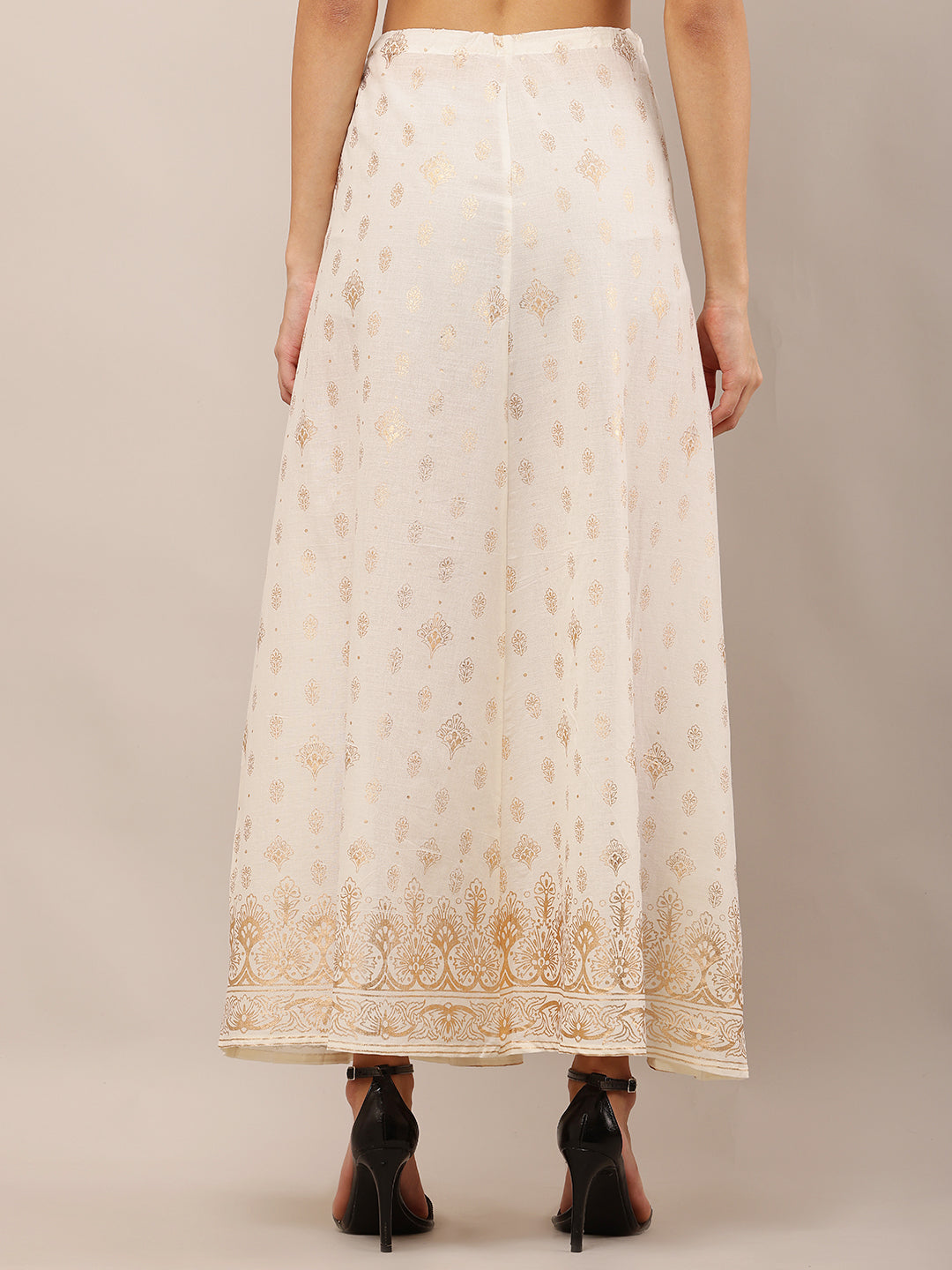 Women Cream Foil Printed Cotton Flared Skirt