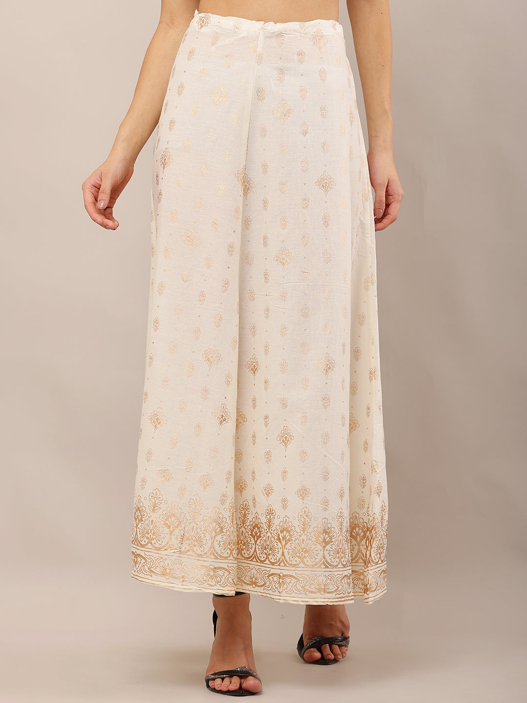 Women Cream Foil Printed Cotton Flared Skirt