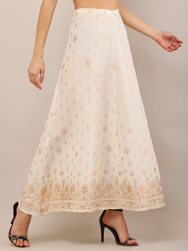 Women Cream Foil Printed Cotton Flared Skirt