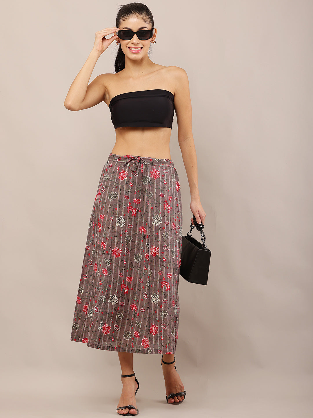 Women Brown Floral Cotton Skirt with Drawstring