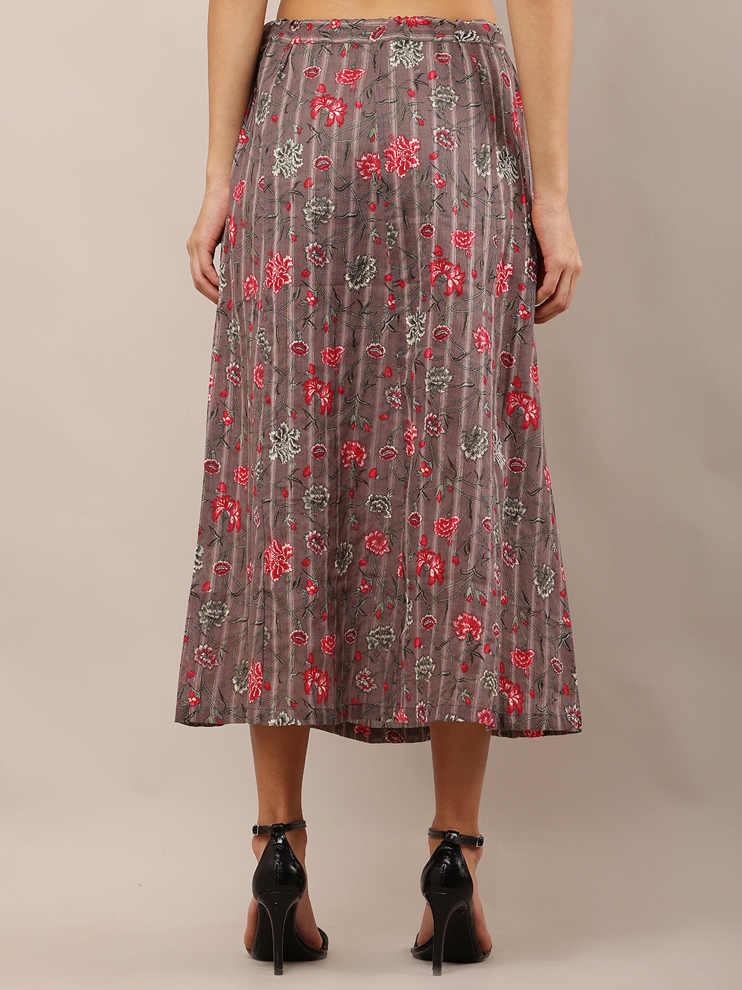 Women Brown Floral Cotton Skirt with Drawstring
