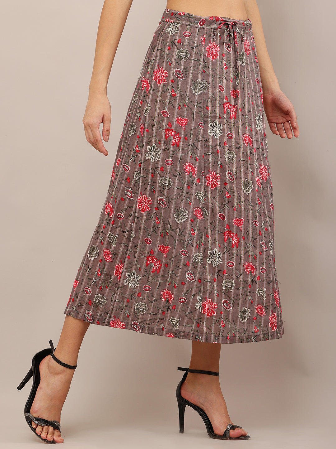 Women Brown Floral Cotton Skirt with Drawstring
