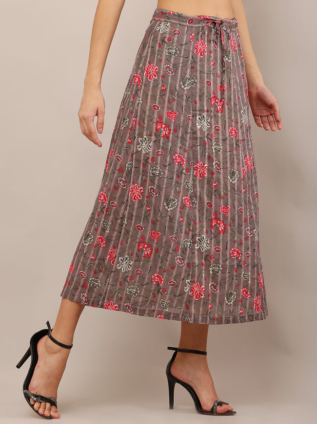 Women Brown Floral Cotton Skirt with Drawstring