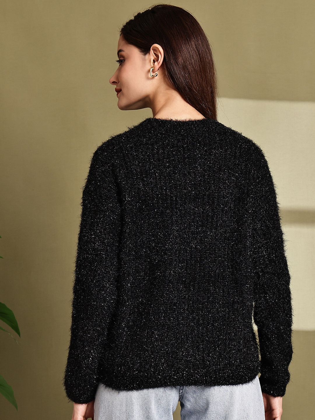 Women Black Polyester Full Sleeve Sweater