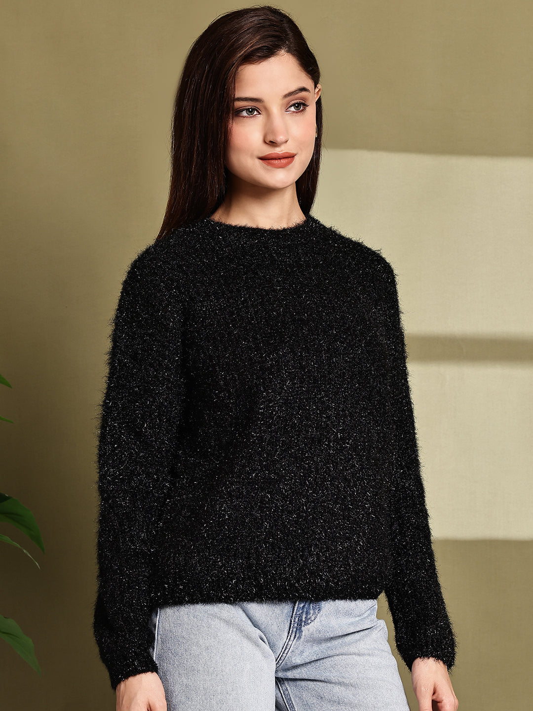 Women Black Polyester Full Sleeve Sweater