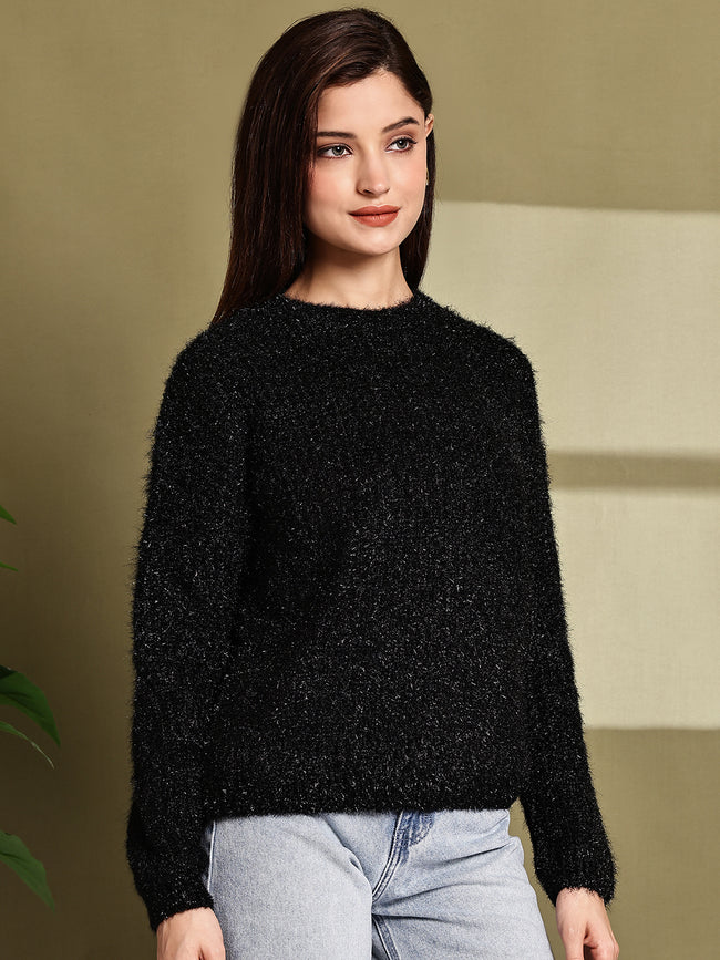 Women Black Polyester Full Sleeve Sweater
