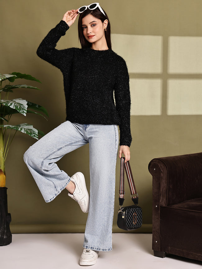 Women Black Polyester Full Sleeve Sweater