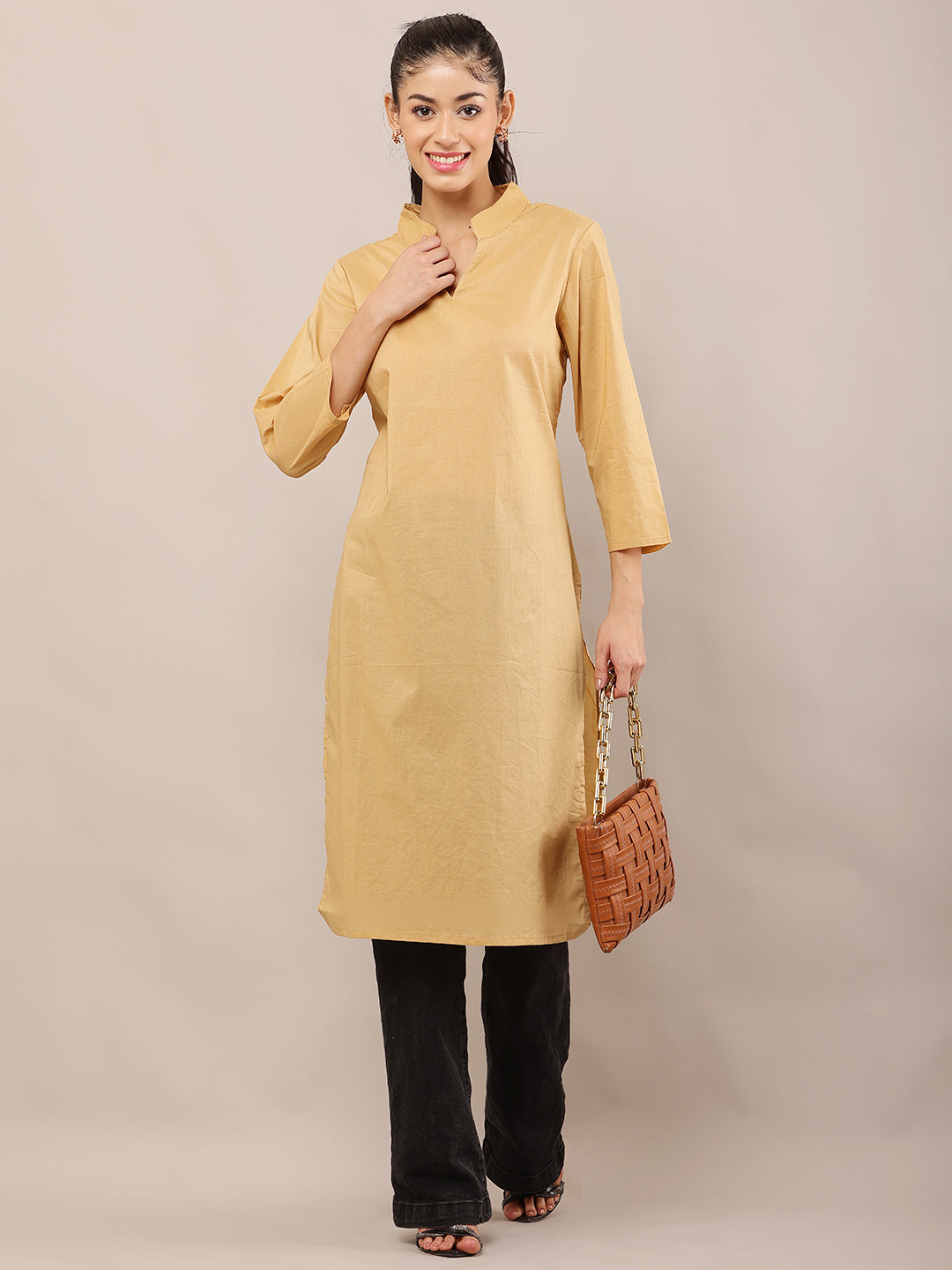 Women Khaki Viscose Kurta with V-Neck
